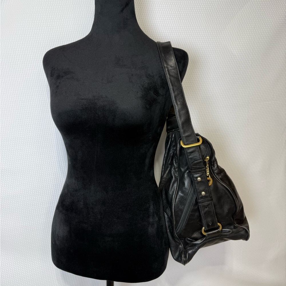 Perlina New York Black Leather Hobo Shoulder Bag Slouchy Gold Hardware Y2K